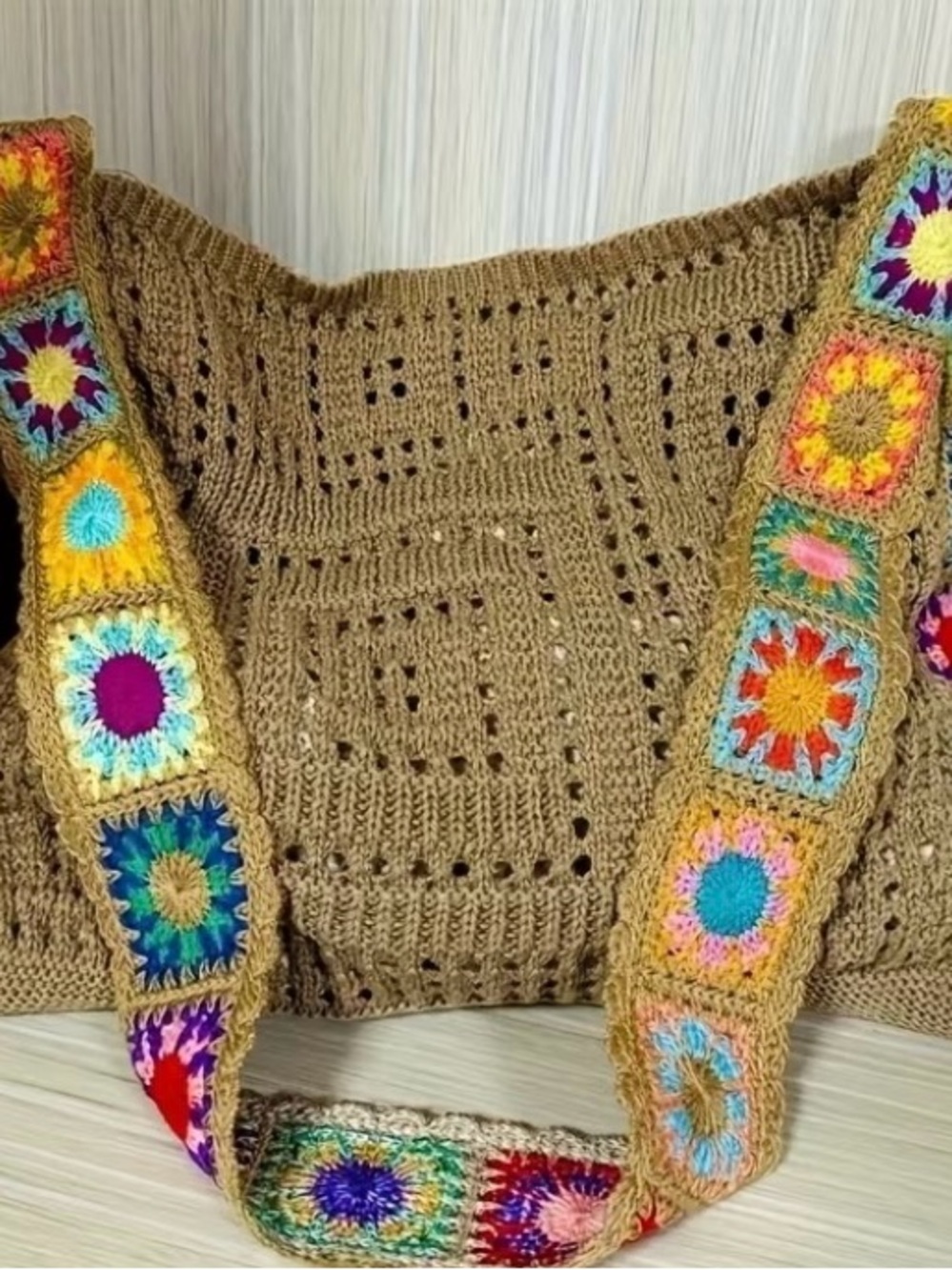 Handcrafted Tan Crochet Tote with Multicolor Strap